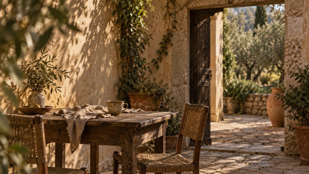 Sunlit courtyard with a wooden table, woven chairs, and an olive garden